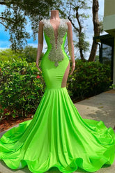 Budget Light Green V-Neck Mermaid Evening Gowns Lng Crystals Online